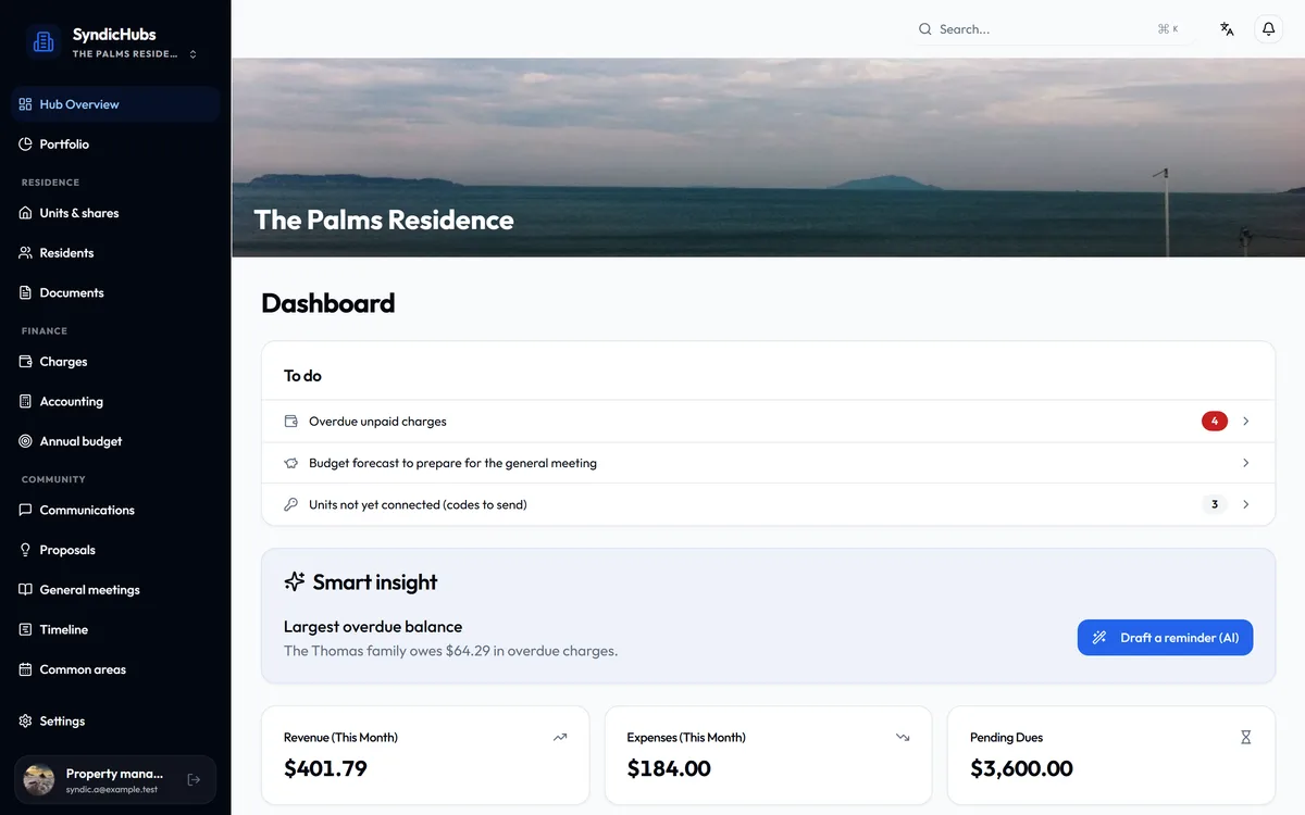 Property manager dashboard in SyndicHubs