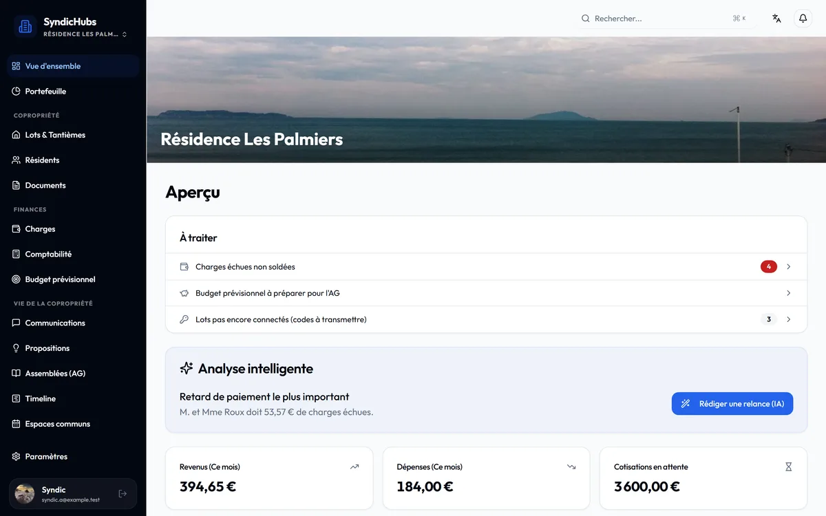 Tableau de bord du syndic dans SyndicHubs